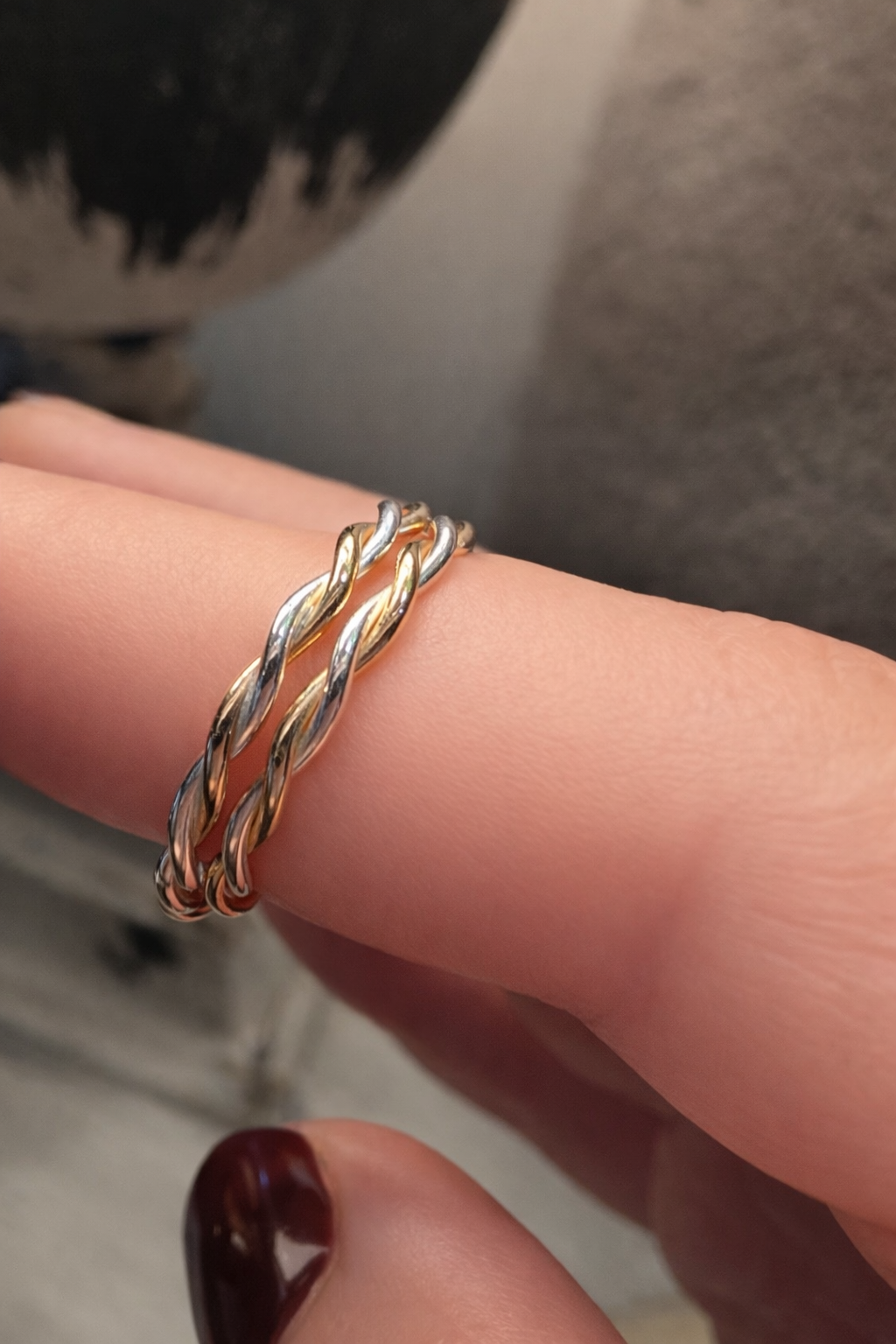 Skinny two tone twist stacker ring